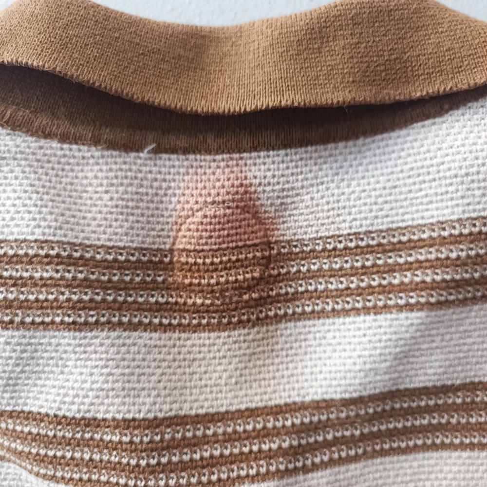 Common People Fry Knitted Polo Shirt Tan Brown Stripe Size S Cotton Preppy - Picture 9 of 9